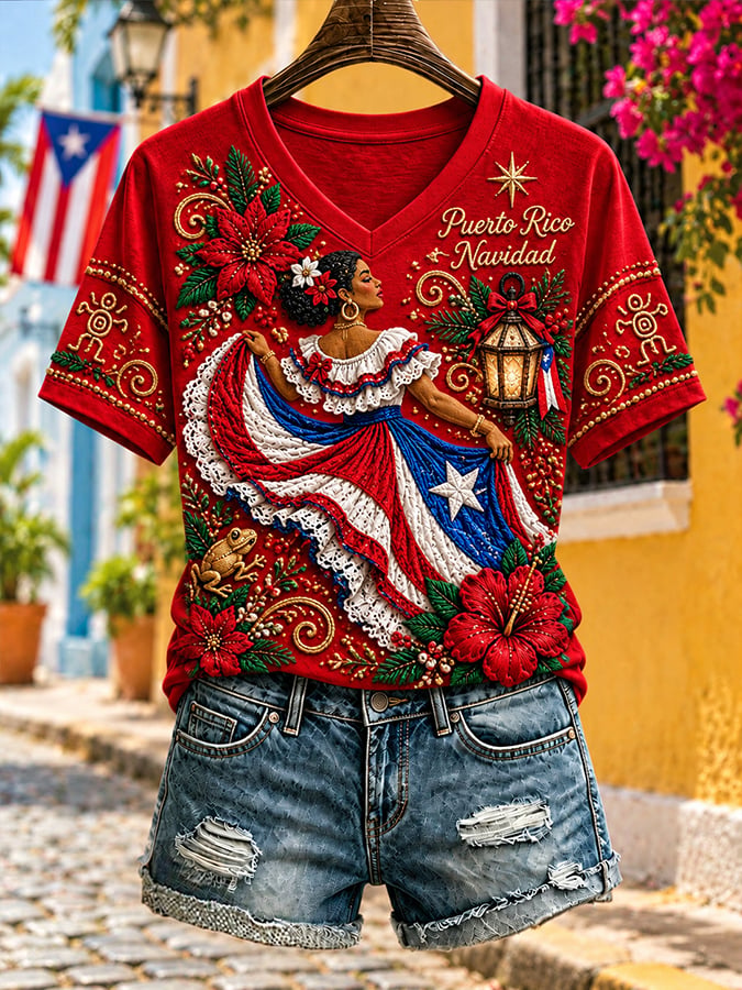 Women's Puerto Rico Christmas Print Casual T-shirt