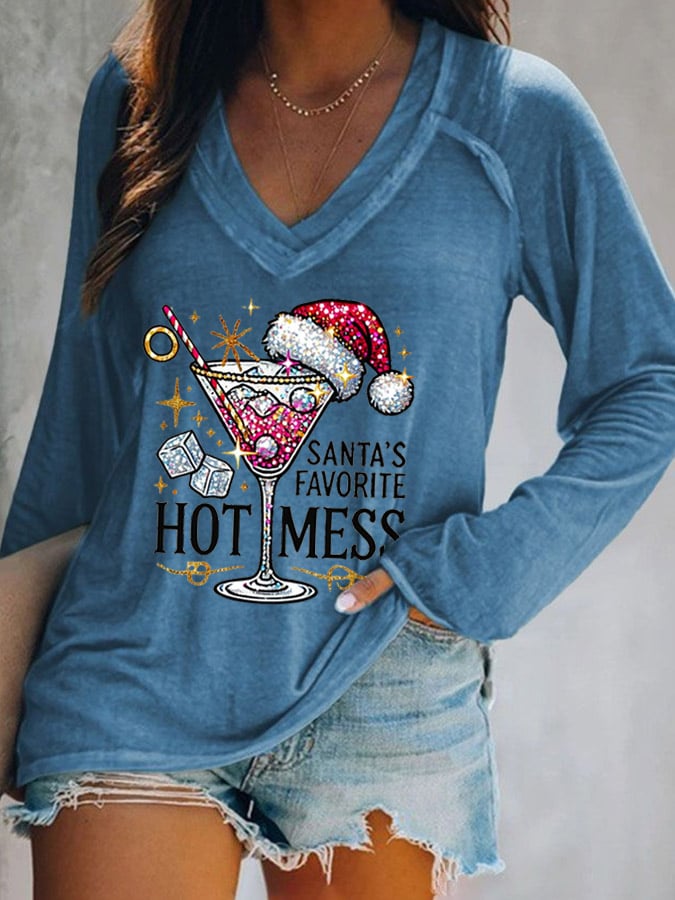 Women's Christmas Santa's Favorite Hot Mess Print V-Neck T-Shirt