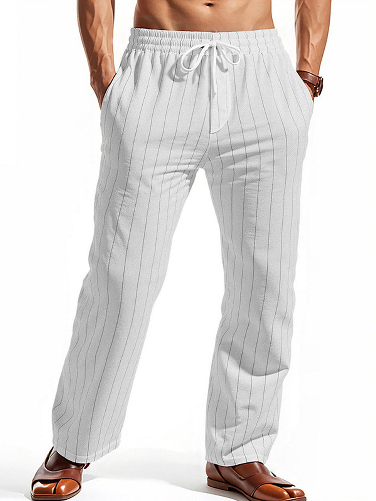 Men's Casual Cotton-Linen Breathable Pinstripe Drawstring Trousers