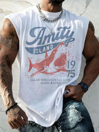 Men's Vintage Amity Island 1975 Clear Skies Gentle Surf Warm Water Print Tank Top