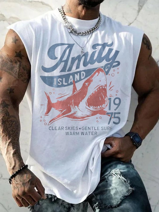 Men's Vintage Amity Island 1975 Clear Skies Gentle Surf Warm Water Print Tank Top