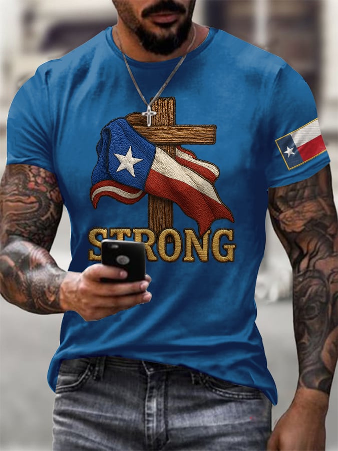 Men's Retro Texas Strong Faith Cross Print T-Shirt