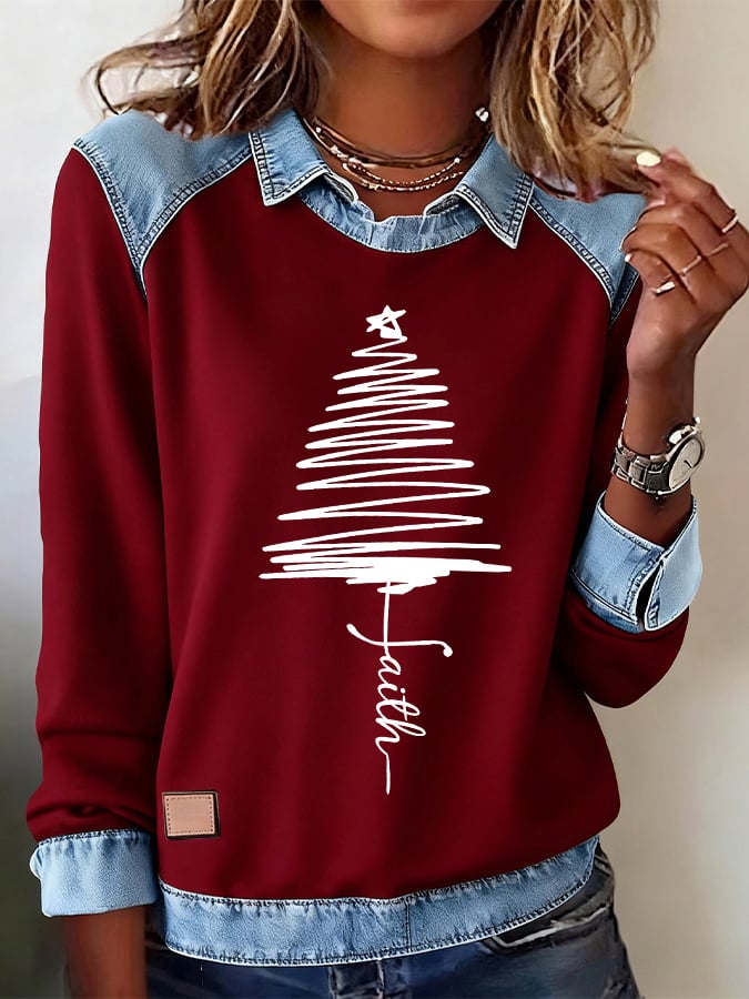 Women's Faith Christmas Tree Printed Comfortable Denim Patchwork Sweatshirt