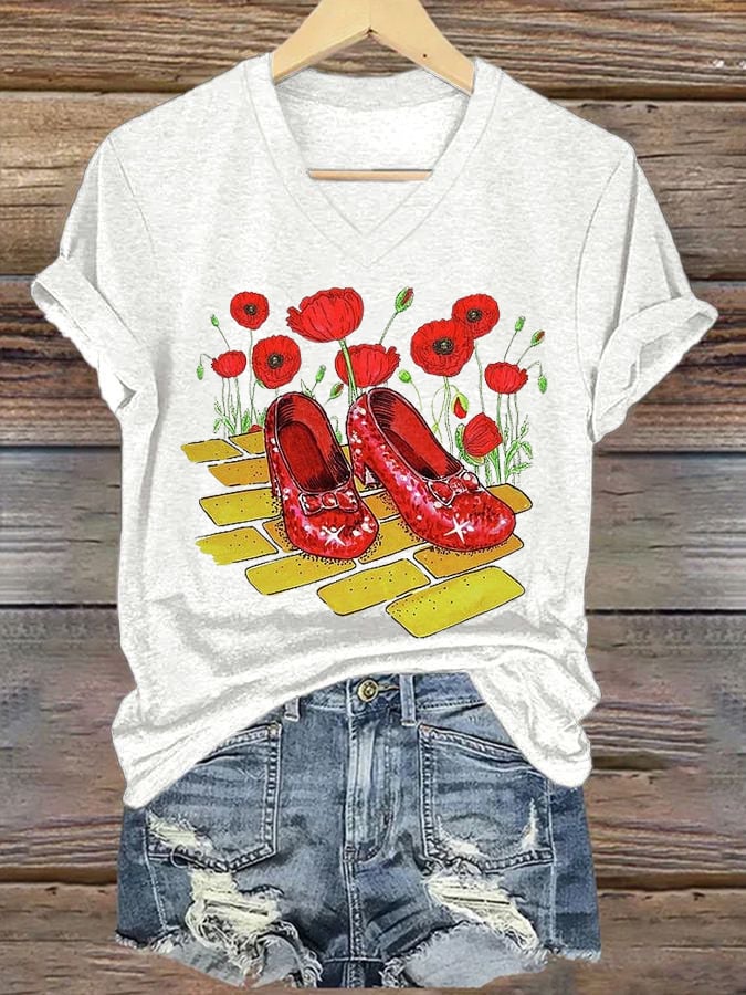 Women's Halloween Red Shoes Printed Casual T-Shirts