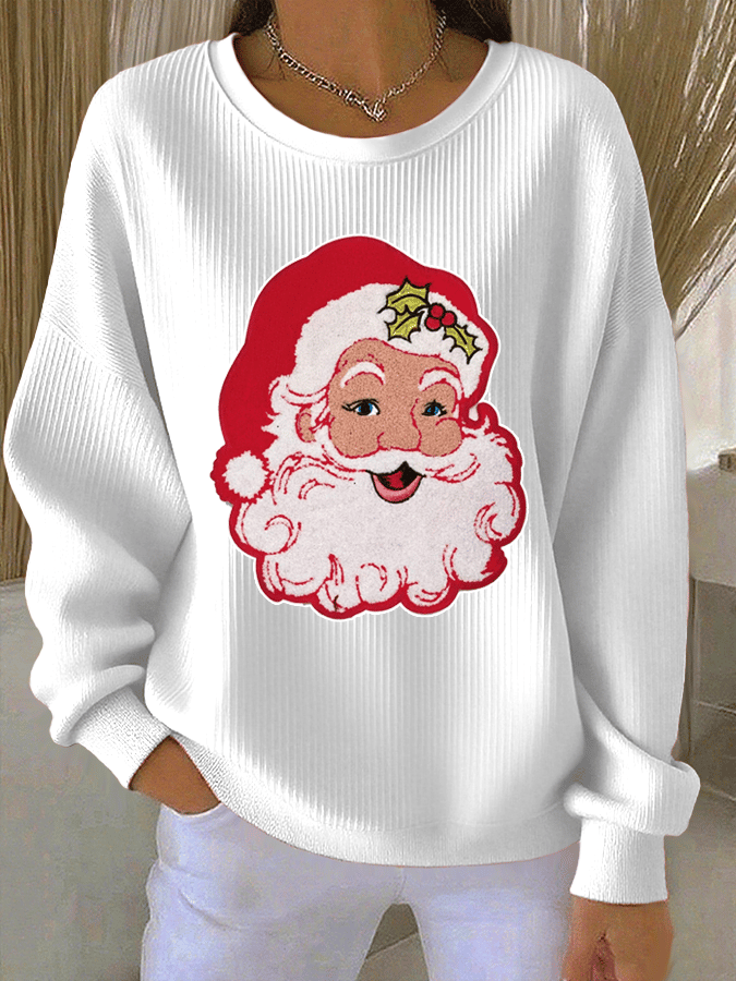 Women's Santa Claus Print Knitted Crew Neck Long Sleeve Top