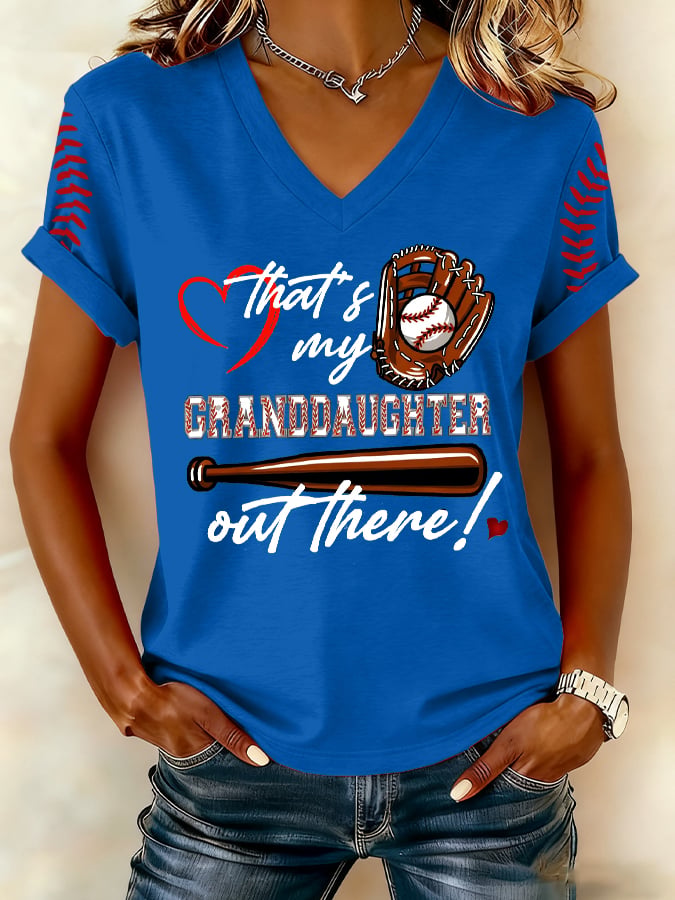 Women's That’s My Granddaughter Out There Baseball Print V Neck T-shirt