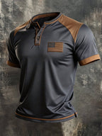 Men's Retro Patriotic Color-Block Short-Sleeve Henley T-Shirt