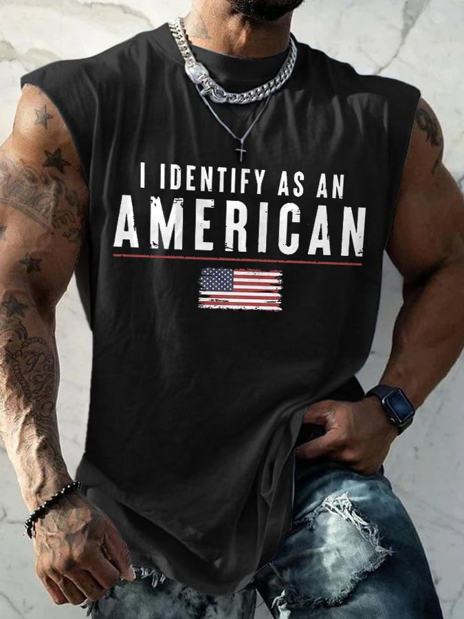Men's I Identify As An American Print Round Neck Tank Top