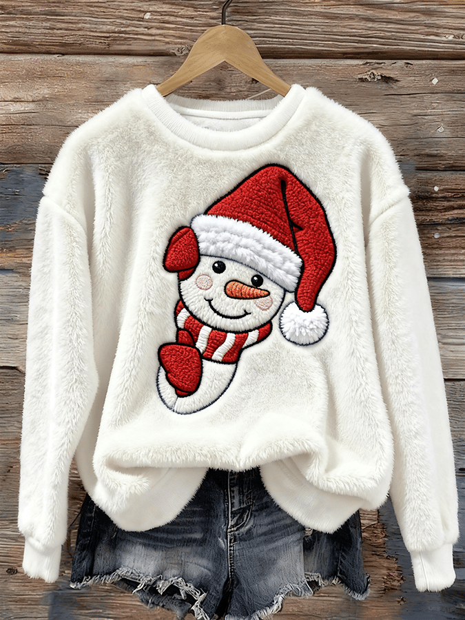 Women's Christmas Snowman Print Casual Flannel Long Sleeve Sweatshirt