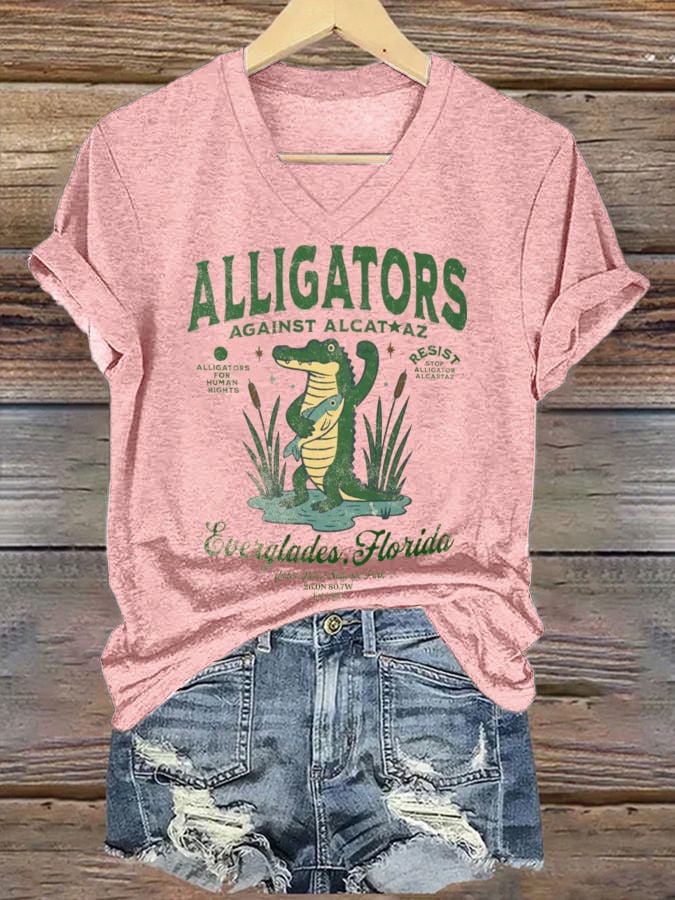 Women's Fashion Casual Retro Crocodile Island Resistance Fdt Print T-Shirt
