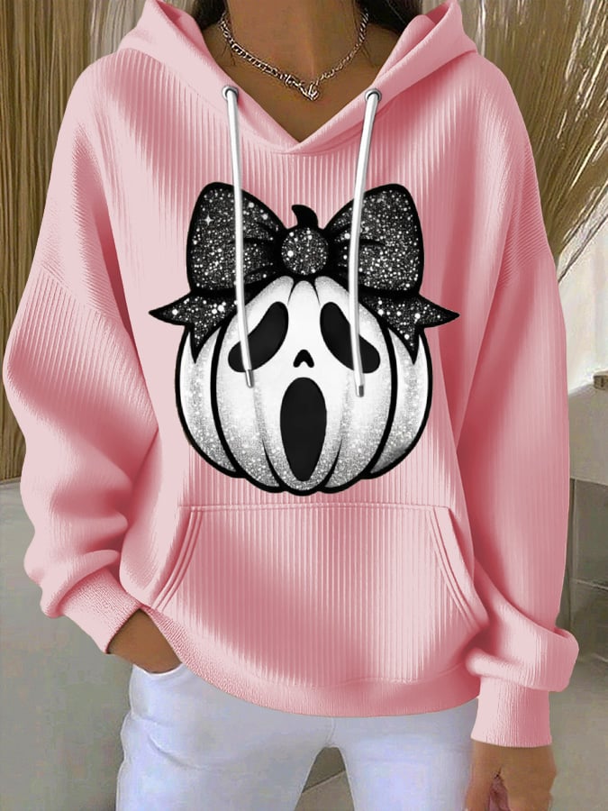 Women's Pumpkin Face Print Casual Hooded Sweatshirt