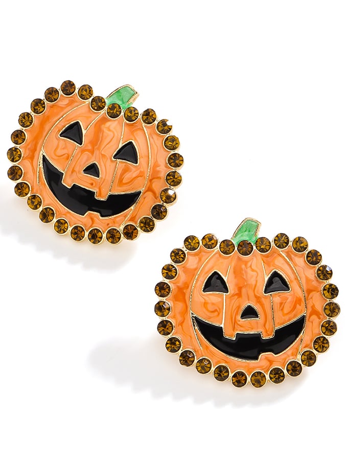 Halloween Color-Block Rhinestone Drip-Glaze Novelty Pumpkin Earrings