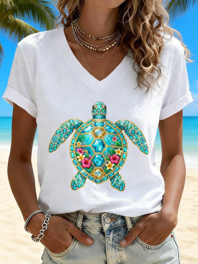 V-Neck Retro Vacation Beach Colorful Sea Turtle Floral Print T-Shirt