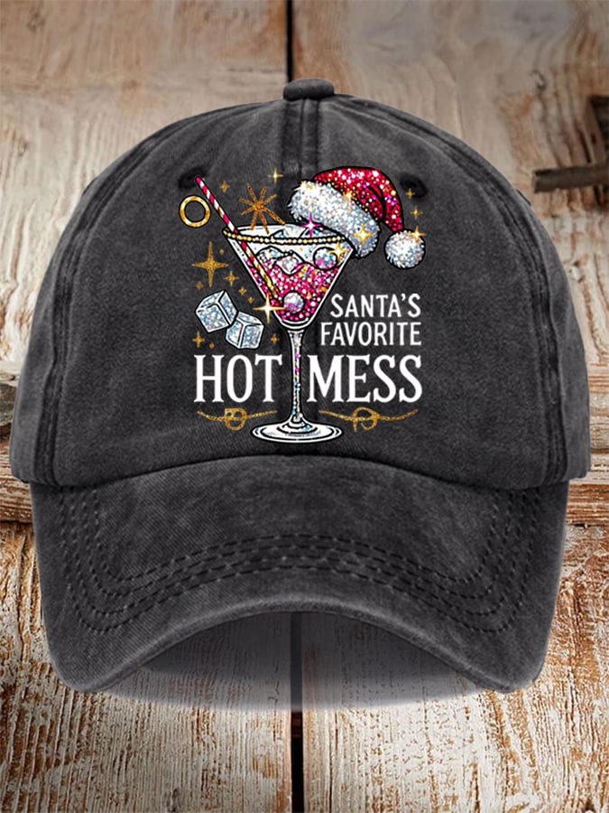 Unisex Distressed Washed Cotton Christmas Santa's Favorite Hot Mess Hat