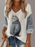 Women's Retro Cat Print Waffle Long Sleeve T-Shirt