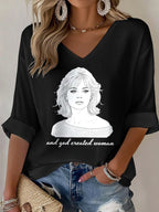 V-Neck Retro B.B. And God Created Woman Watercolor Painting Print T-Shirt