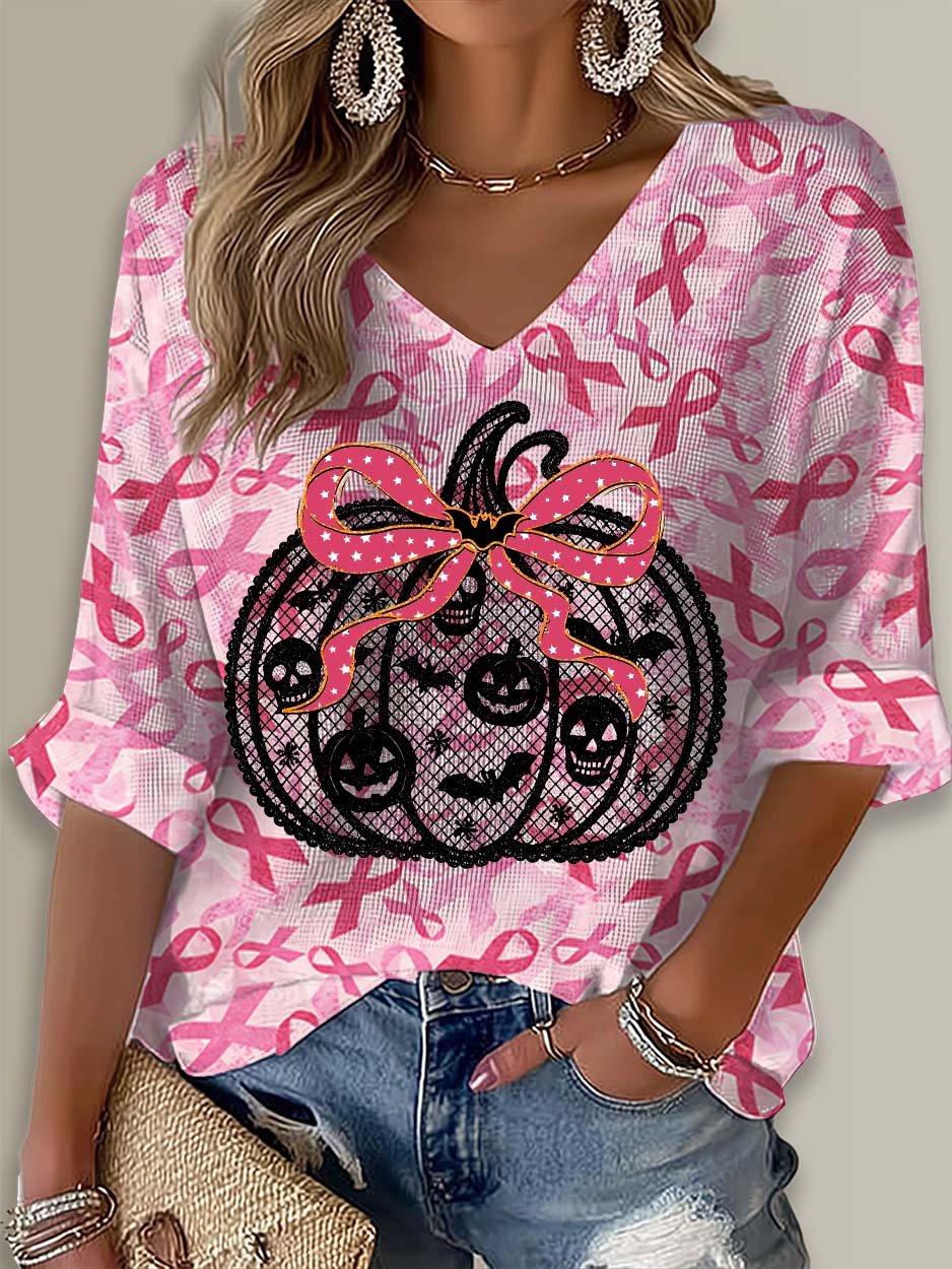 Pumpkin Breast Cancer Art Printed Long Sleeve Top