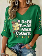 Women's Casual Puerto Rico Christmas Printed Waffle Top
