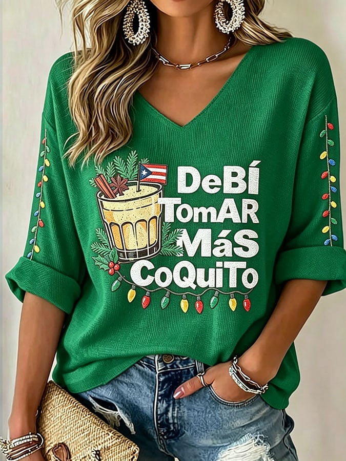 Women's Casual Puerto Rico Christmas Printed Waffle Top