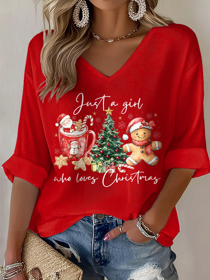 Women's casual just a girl who loves Christmas printed waffle long-sleeved T-shirt