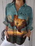 Women's God Bless Texas Print Casual Cotton and Linen Shirt