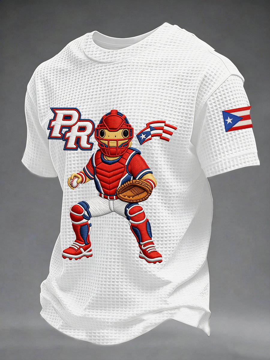 Men's Puerto Rico Baseball Casual Waffle Short Sleeve T-Shirt