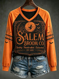 Women's Halloween Salem Broom Co. Quality Handcrafted. Enchanted Est 1692 Print T-Shirt