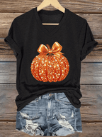 Women's Autumn Sequin Pumpkin Print V-Neck T-Shirt