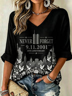 Women's "Never Forget 9/11" Pattern Comfortable V-Neck Retro T-Shirt