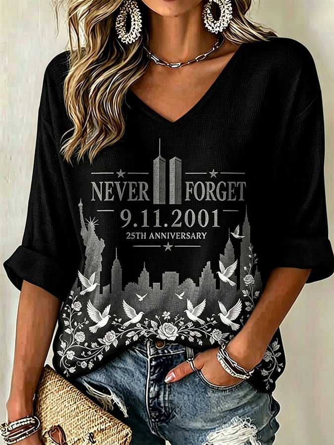 Women's "Never Forget 9/11" Pattern Comfortable V-Neck Retro T-Shirt
