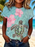Women's Retro Turtle Print Crew Neck T-Shirt