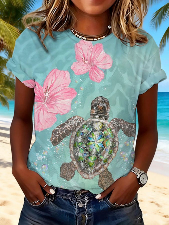 Women's Retro Turtle Print Crew Neck T-Shirt