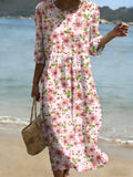 Women's Casual Solid Color Round Neck Mid-Sleeve Floral Print Cotton Linen Dress
