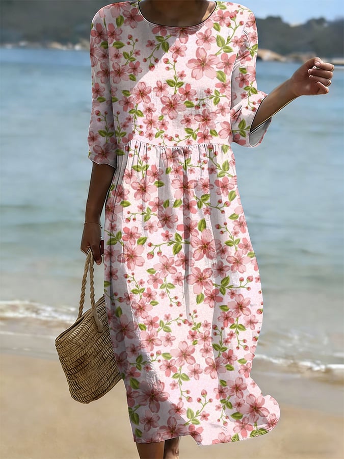 Women's Casual Solid Color Round Neck Mid-Sleeve Floral Print Cotton Linen Dress