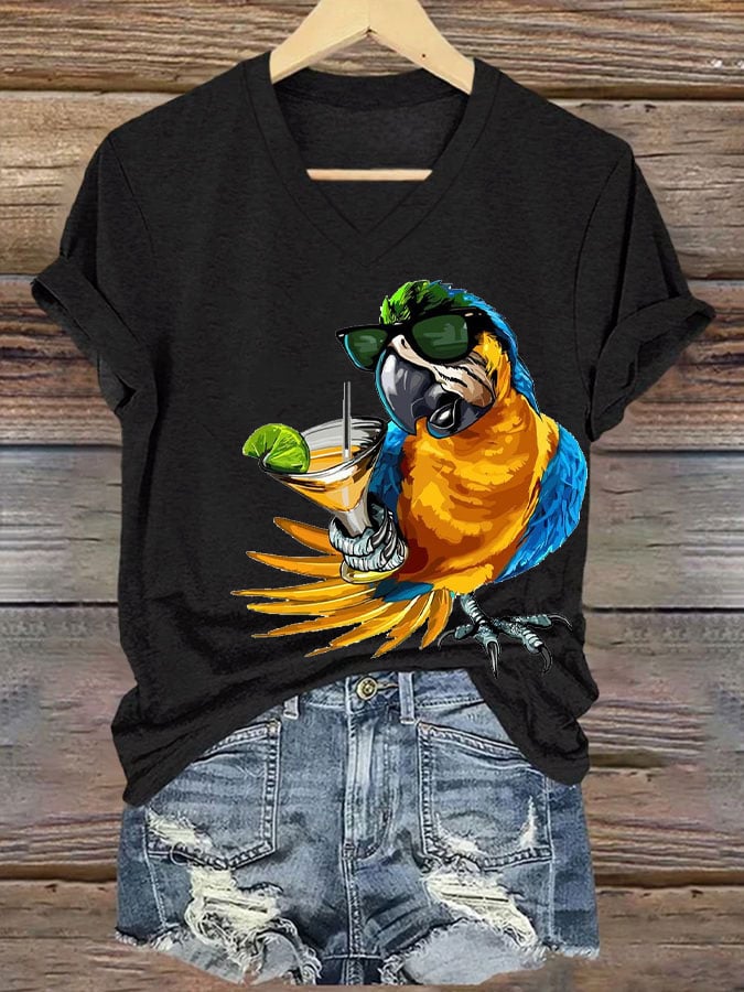 Women's  Funny Drinking Parrot Print T-Shirt