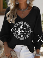 Women's Halloween Witches Brew Coffee Print Casual Puff Sleeve Top