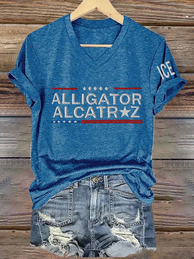 Women's Casual Retro Alligator Alcatraz ICE Print T-Shirt