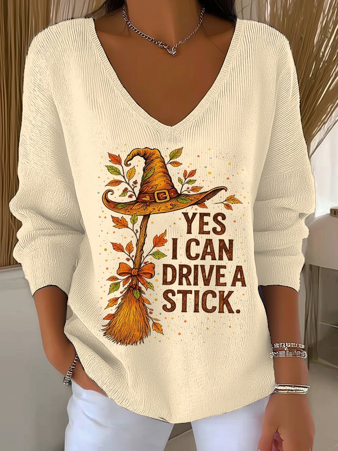 Women's Yes I Can Drive A Stick Print V Neck Sweater