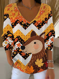 Women's Autumn Animals Print V Neck Sweater