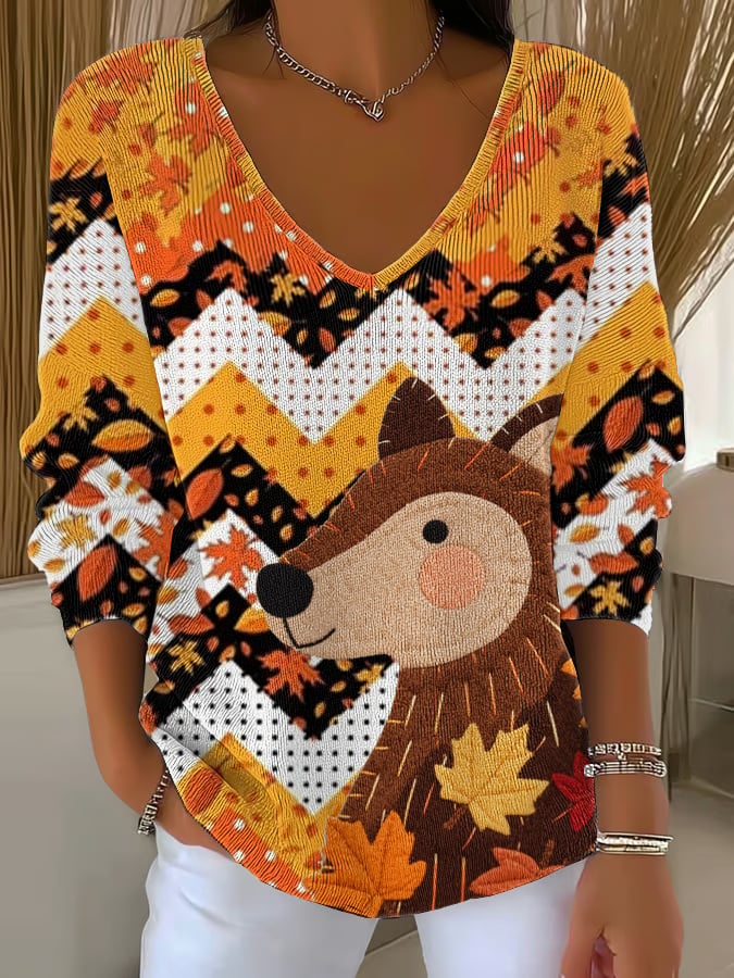 Women's Autumn Animals Print V Neck Sweater