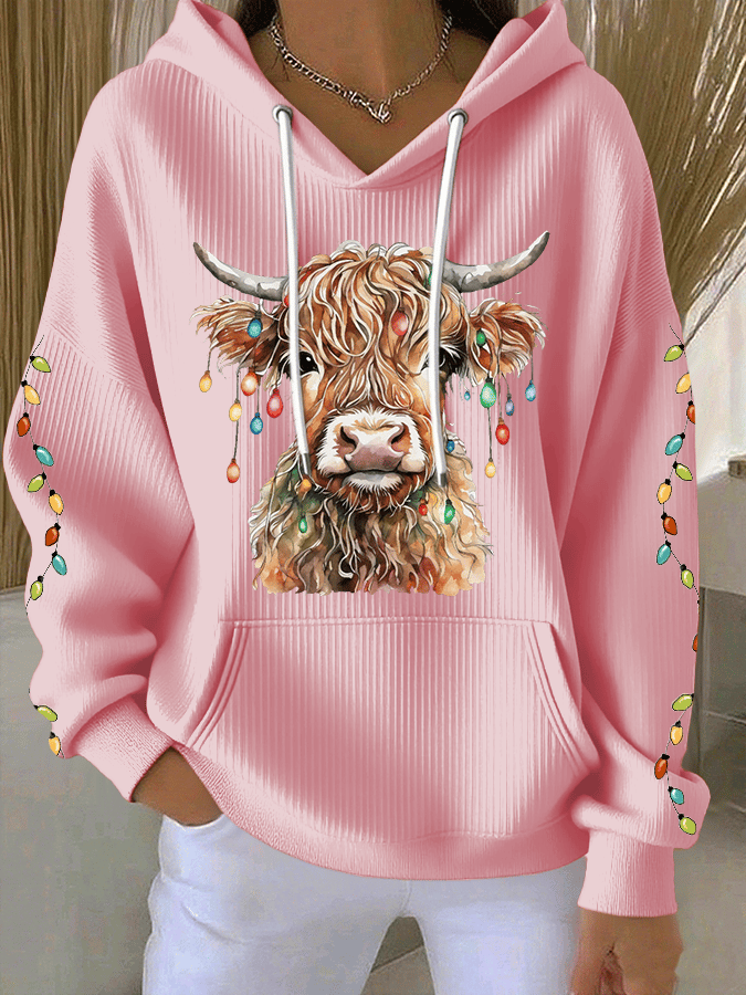 Women's Christmas Highland Cow Print Casual Hooded Sweatshirt