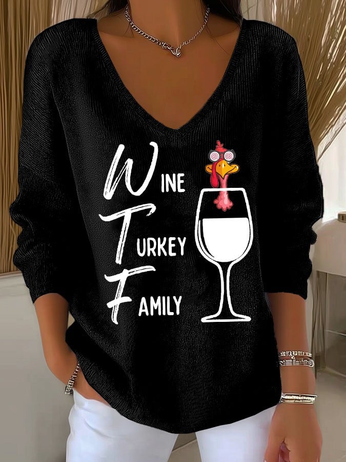 Women's Retro Wine Turkey Friends Print Sweater