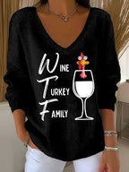 Women's Retro Wine Turkey Friends Print Sweater