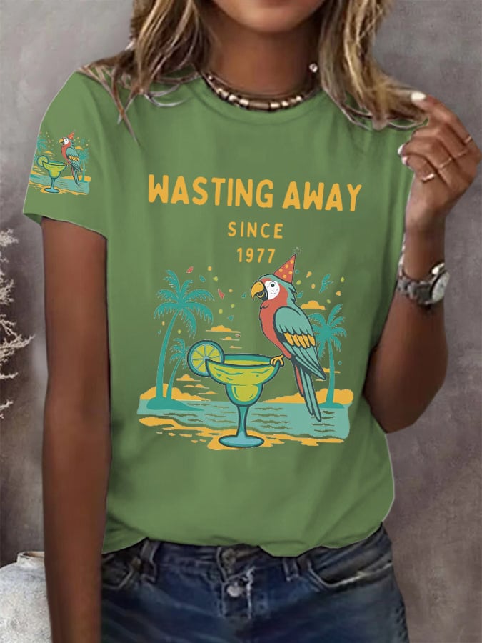 Retro Parrot Margarita Wasting Away Since 1977 Print T-Shirt