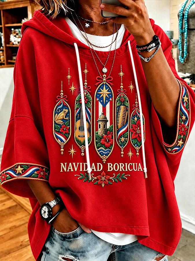 Women's Puerto Rico Christmas Print Hooded Sweatshirt