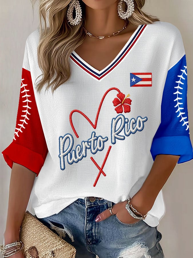 Women's Casual Baseball Printed Waffle Top