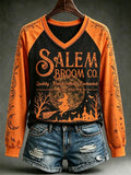 Women's Halloween Salem Broom Co. Quality Handcrafted. Enchanted Est 1692 Print T-Shirt