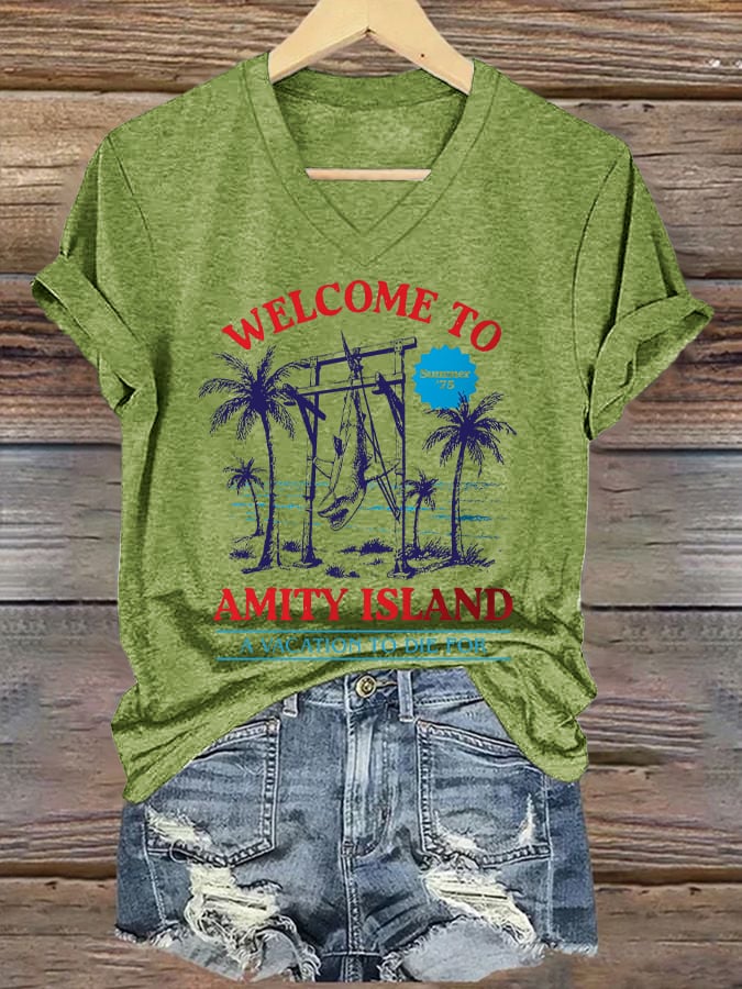 Women's Welcome To Amity Island A Vacation To Die For Print V Neck T-shirt