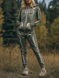 Women's Halloween Skull Print Casual Hooded Two-Piece Suit