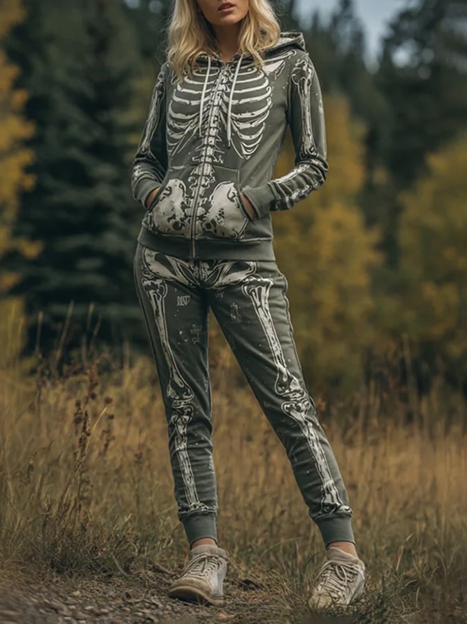 Women's Halloween Skull Print Casual Hooded Two-Piece Suit